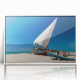 Art deco poster depicting a stylized South American scenery in muted colors on framed acrylic.