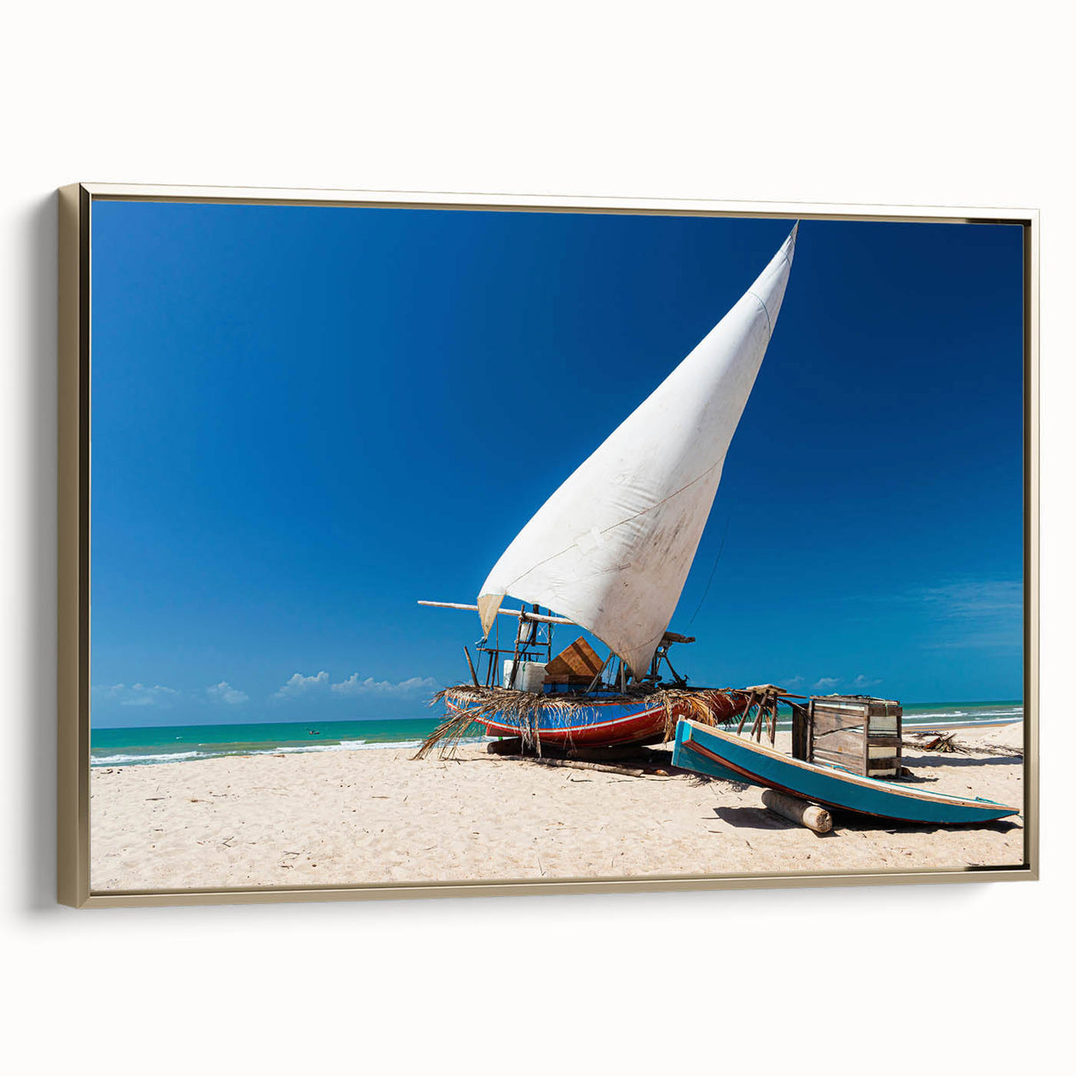 Landscape painting of a Brazilian scene on a framed canvas.