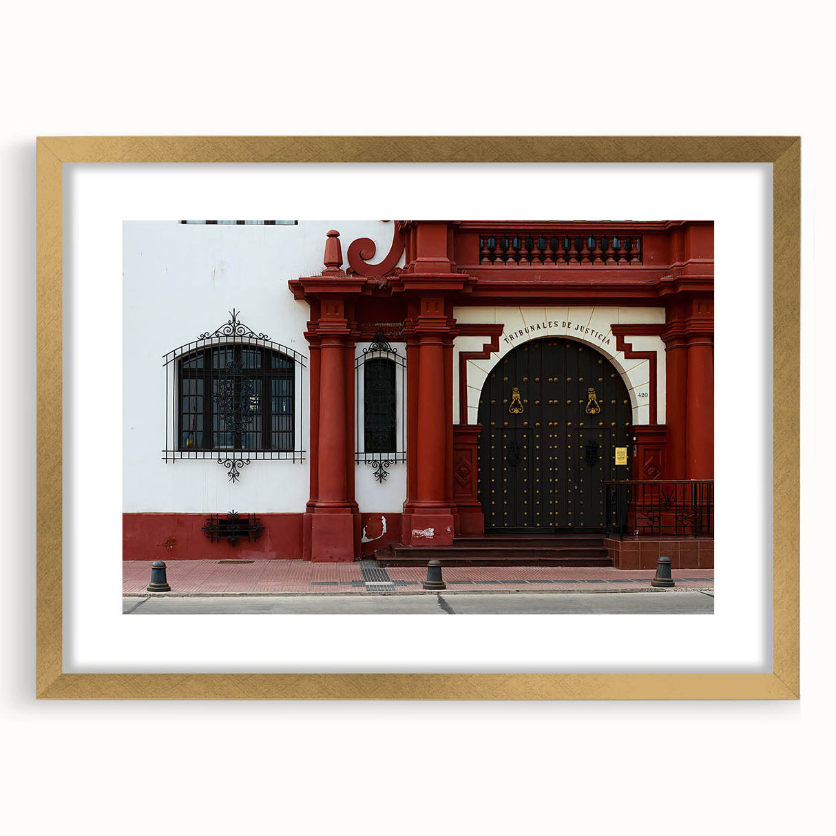 Extra large abstract art print of Santiago, Chile in textured tones of orange and blue on a gold-framed canvas.