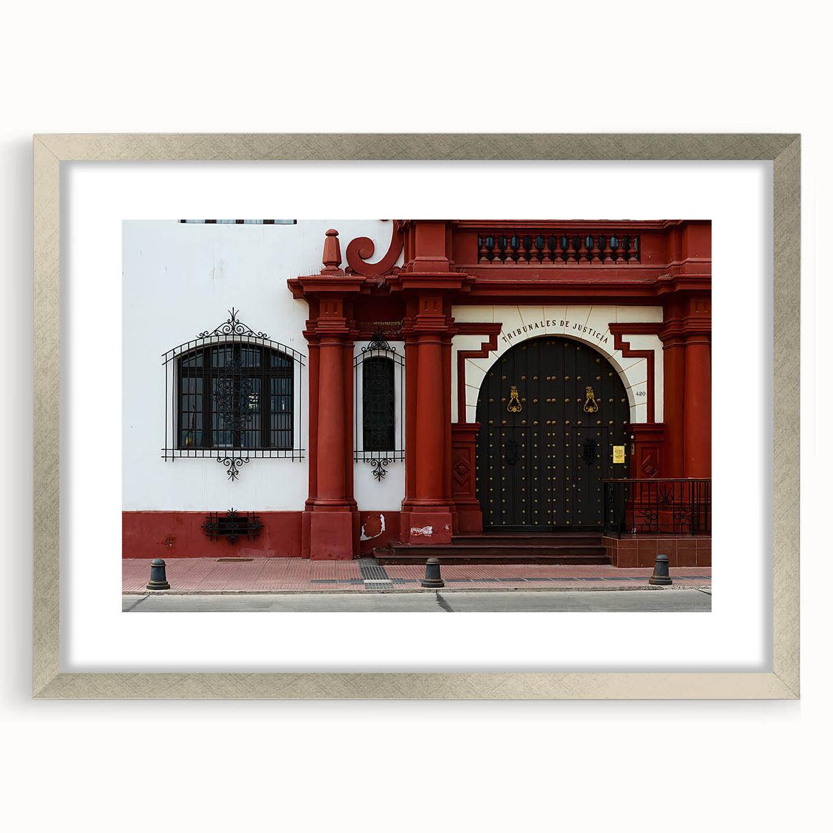 Textured abstract art print of Santiago skyline in muted earth tones on framed silver mat, ideal for bedroom art.