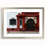 Textured abstract art print of Santiago skyline in muted earth tones on framed silver mat, ideal for bedroom art.