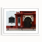 Abstract art print of Santiago skyline in muted earth tones on a framed white mat, suitable for dining room decor.
