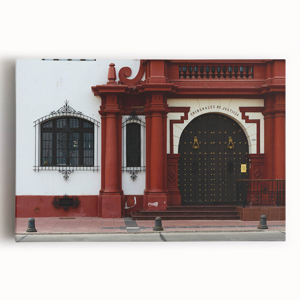 Black and white stretched canvas of Santiago, Chile skyline, ideal for kitchen wall art.