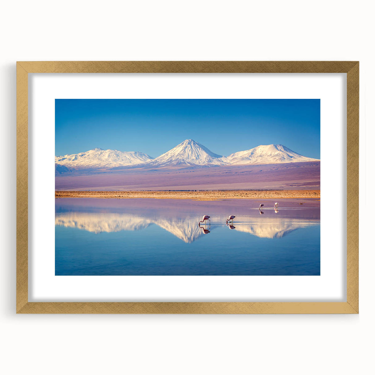 Extra large abstract art print depicting a textured view of Chilean scenery in gold frame, ideal for living room decor.