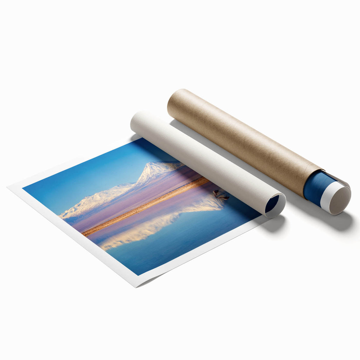 Extra large rolled print featuring a serene Chilean landscape with soft floral elements in pastel shades.