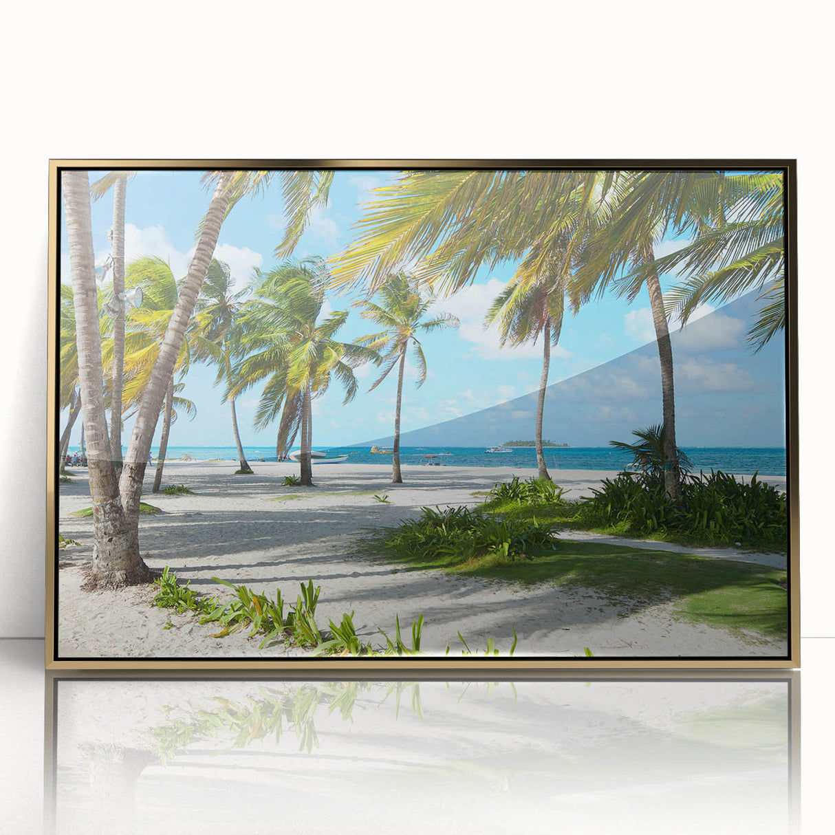 Framed acrylic print of a mid-century modernist Colombian scenery in muted earth tones, ideal for modern art wall decor.