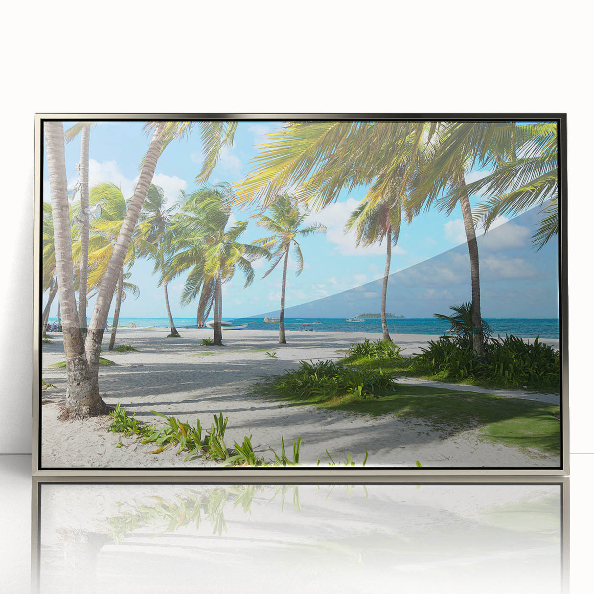 Mid-century modernist art depicting a vibrant Colombian landscape on a silver-framed acrylic print.