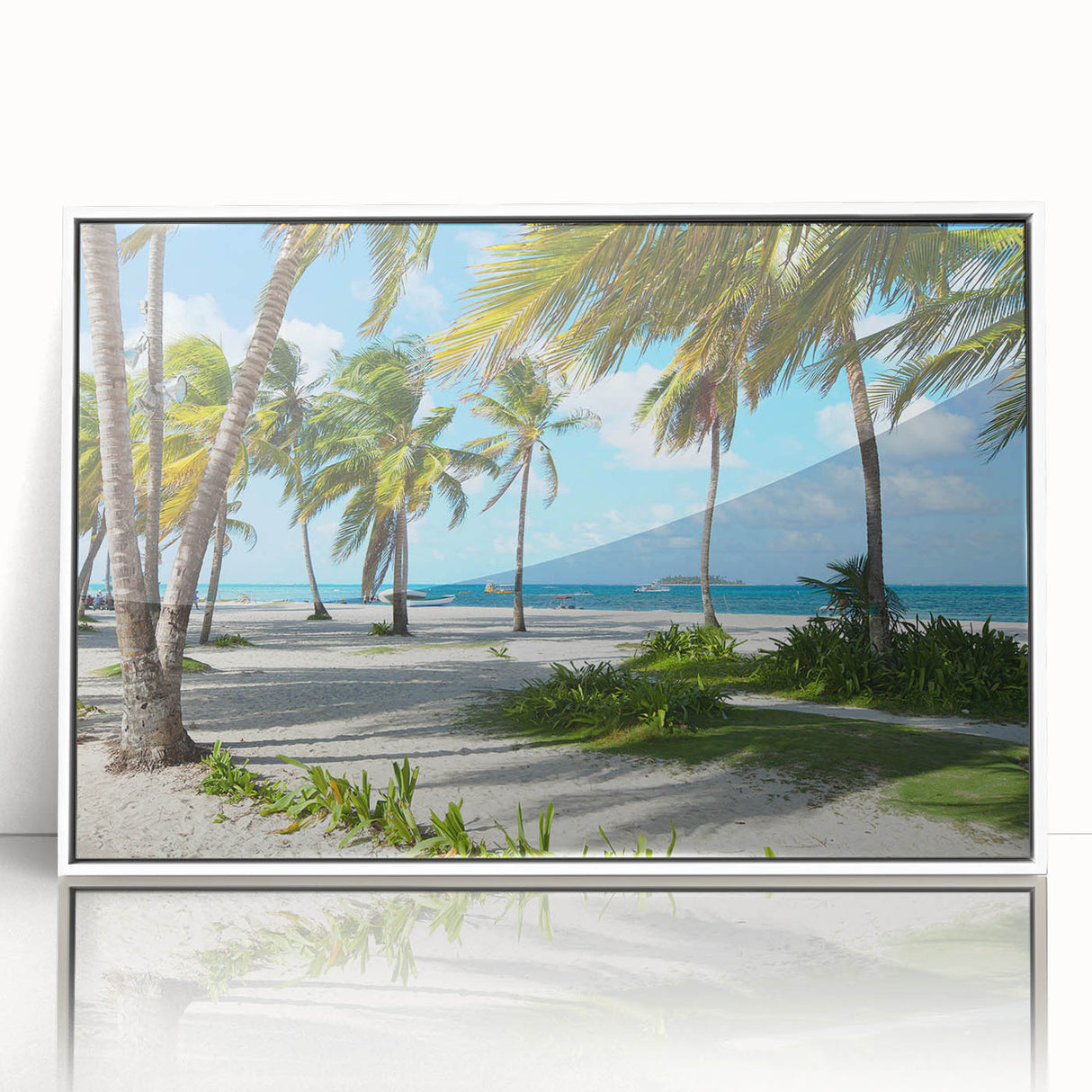 Acrylic print of a serene Colombian landscape in muted earth tones, framed in white.