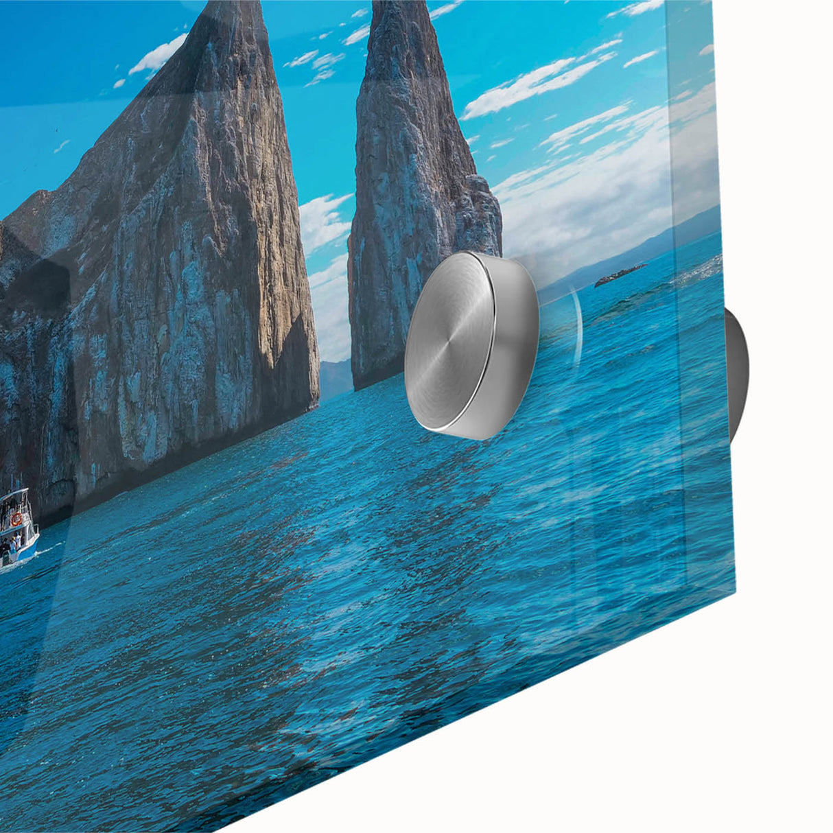 Mid-century modernist style large abstract wall art of Galapagos scenery on acrylic glass, ideal for dining room art.