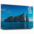 Acrylic print of a large abstract depiction of the Galapagos Islands in vibrant blue and green tones.