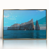 Mid-century modernist style large art print of Galapagos scenery in vibrant colors on framed acrylic.