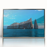 Mid-century modernist art of Galapagos scenery in silver-framed acrylic, ideal for nursery wall art.