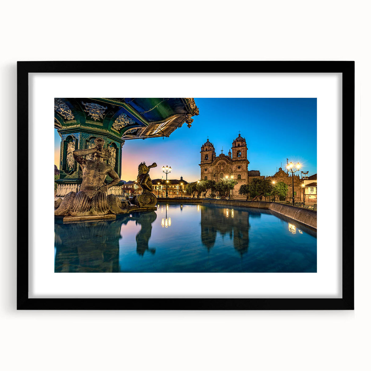 Extra large abstract art print of a colorful, textured South American scenery, framed in black, ideal for living room decor.