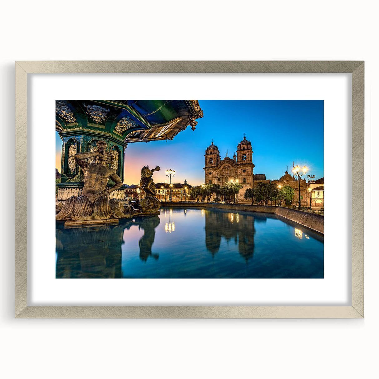 Textured abstract art print depicting a Peruvian landscape in earthy tones, framed in silver, ideal for bedroom decor.