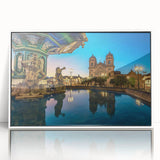 Art deco poster of a scenic Peruvian landscape in muted earth tones, framed acrylic, ideal for modern art wall decor.