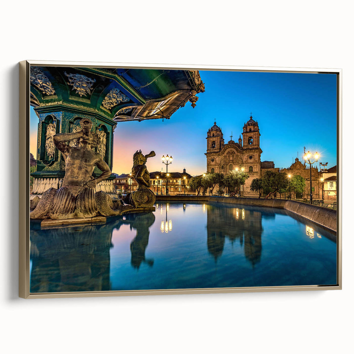 Framed canvas featuring a vintage-style landscape painting of a Peruvian scene in black and gold tones.