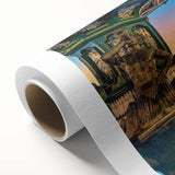 Art Deco style poster of a scenic South American landscape, using muted earth tones on rolled canvas.