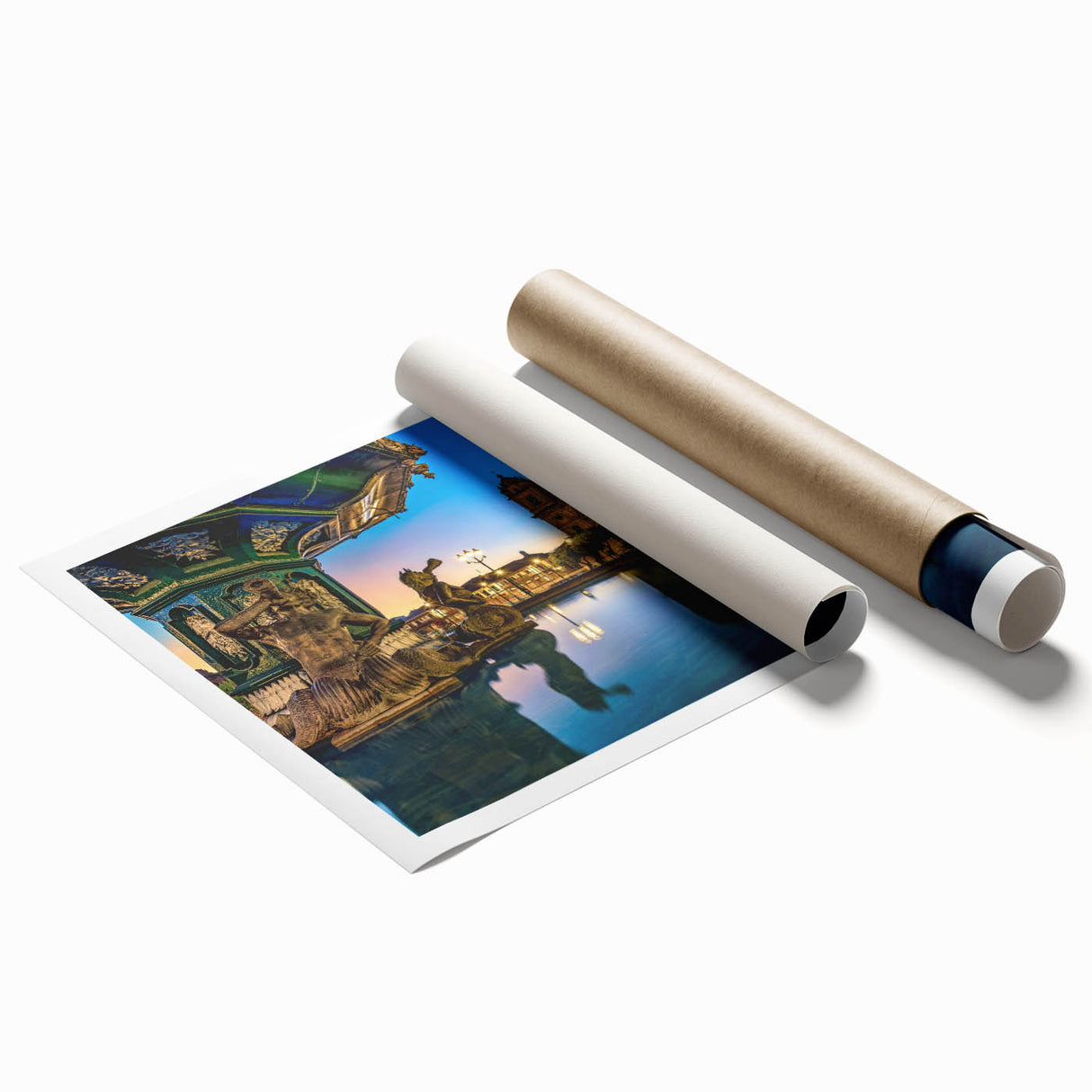 Rolled print of a Peruvian landscape with lush greenery and mountains, in soft earth tones.