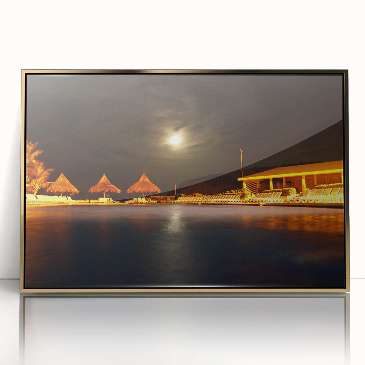 Large art print of a Venezuelan landscape in mid-century modernist style, framed in gold acrylic, suitable for modern decor.