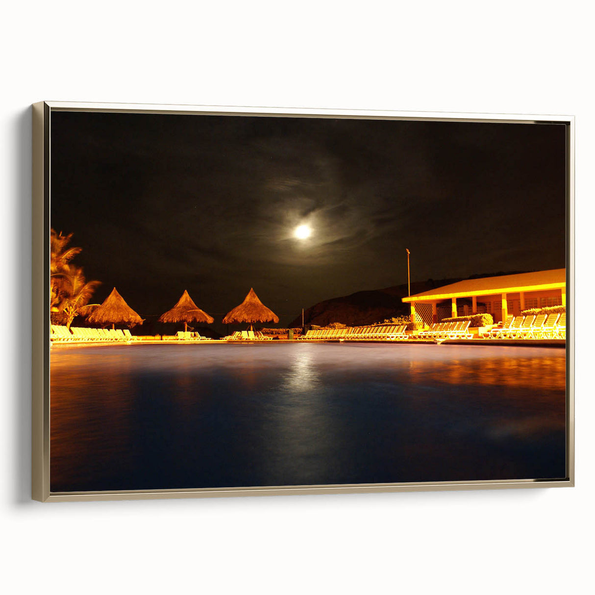 Framed canvas featuring a vintage-style landscape painting of a Venezuelan scenery in black and gold tones.