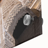 Large abstract wall art featuring vibrant blues and oranges on acrylic glass, ideal for dining room ambiance.