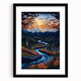 Textured abstract art print of Denali, Alaska, in vibrant colors on a large framed canvas, ideal for enhancing a living room.