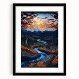 Textured abstract art print of Denali, Alaska, in vibrant colors on a large framed canvas, ideal for enhancing a living room.