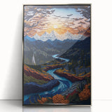 Mid-century modernist art depicting Denali, Alaska in muted earth tones on a framed acrylic panel.