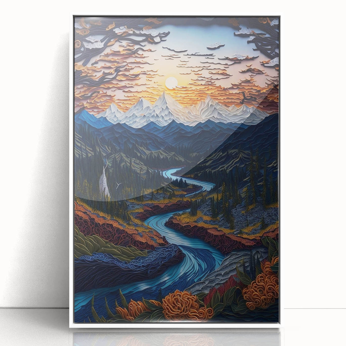 Acrylic print of Denali, Alaska with muted earth tones in an art deco style, suitable for modern art wall decor.