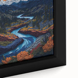 Extra large framed canvas of Denali, Alaska, featuring textured black and colorful art, ideal for living room decor.