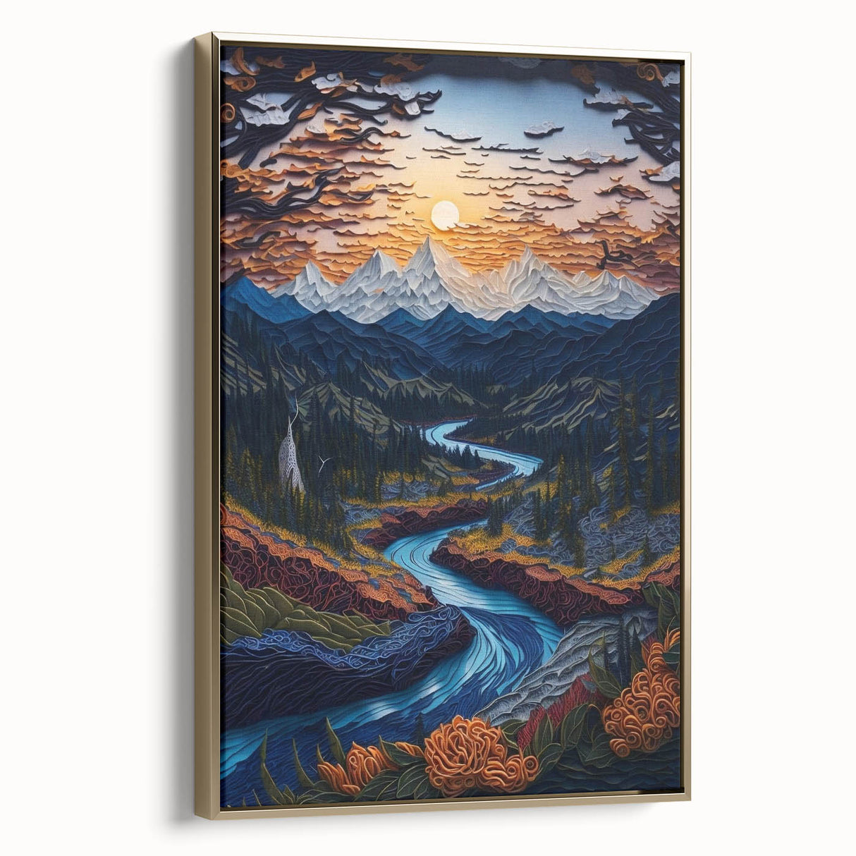 Framed canvas featuring a vintage-style landscape painting of Denali, Alaska, in muted earth tones.