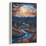 Vintage poster art of Denali, Alaska, on framed canvas, featuring black and colorful tones.