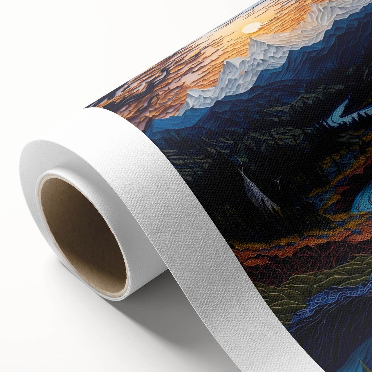 Art Deco poster of Denali, Alaska scenery on rolled canvas, featuring cool blue and white tones, ideal for nursery wall art.