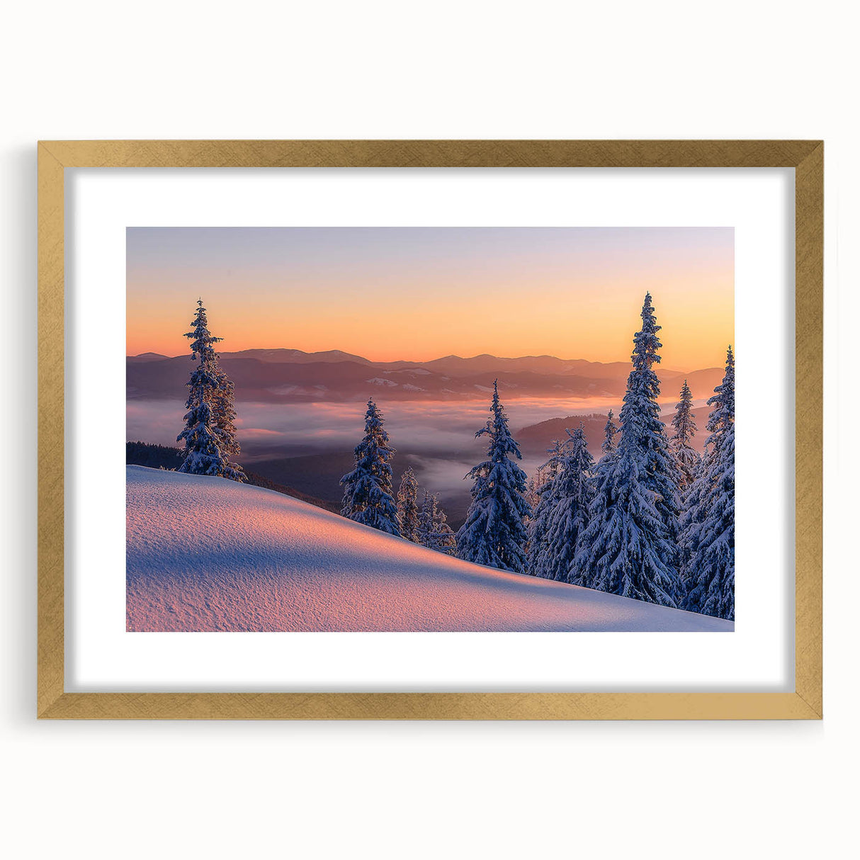 Extra large abstract art print of an Alaskan landscape in textured gold frame, ideal for living room decor.