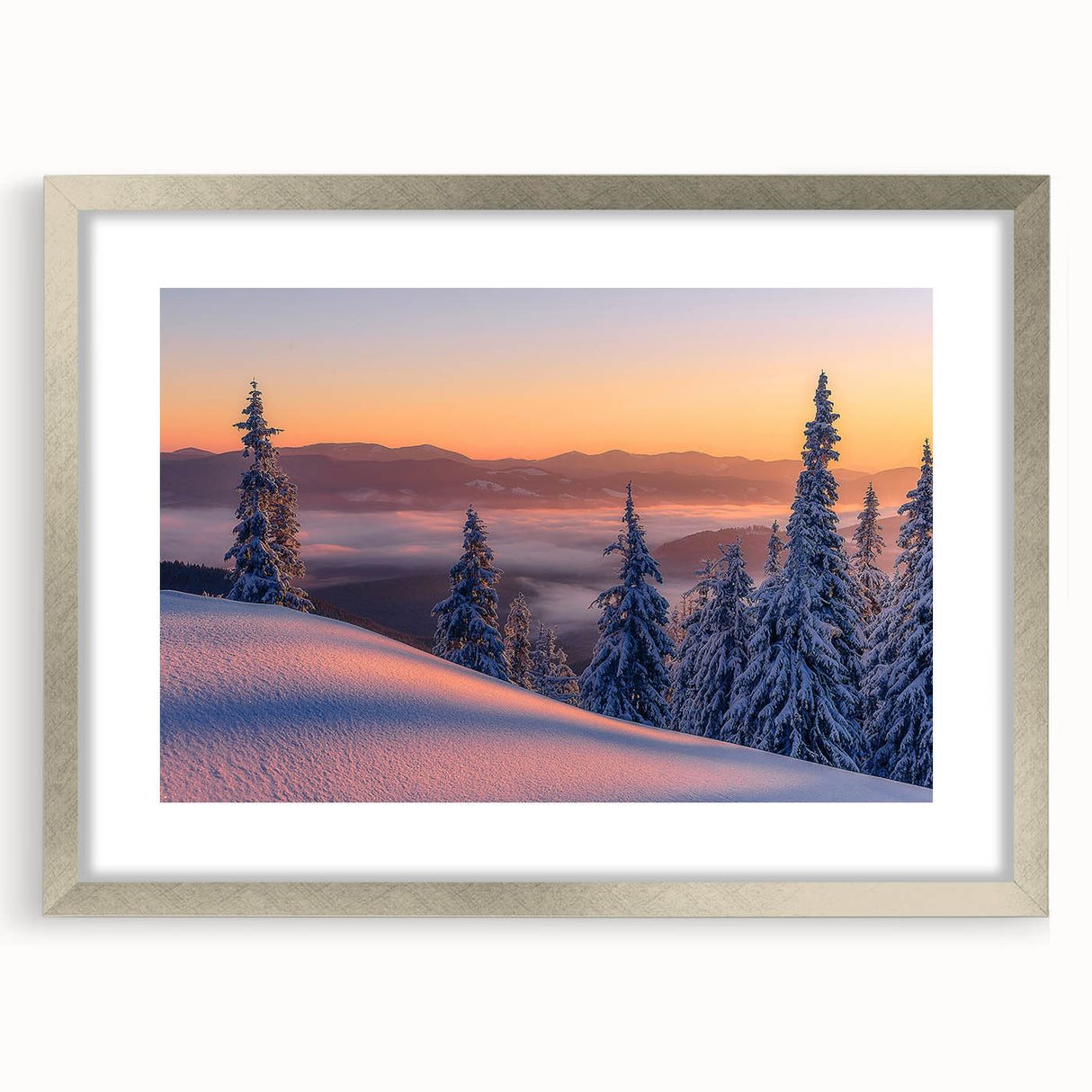 Textured abstract art print of Alaskan scenery in muted earth tones, framed in silver, ideal for bedroom art.