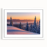 Abstract art print of Alaska scenery in muted gray and blue tones on a white framed matte, suitable for dining room decor.