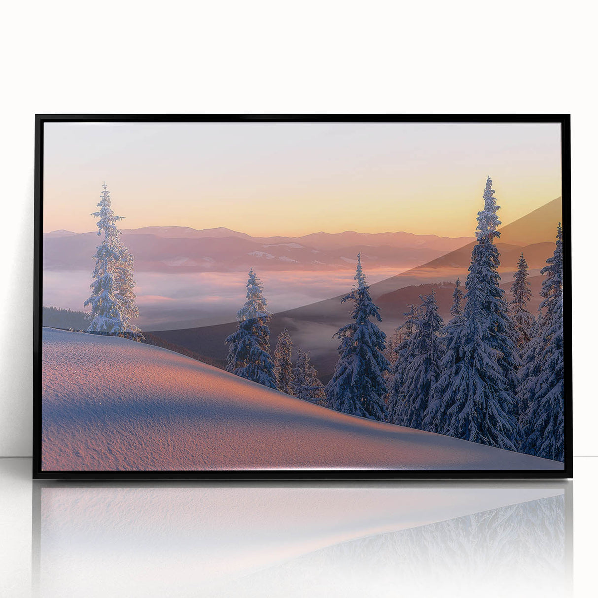 Large abstract wall art depicting a serene Alaska landscape in muted gray and blue tones, framed in black acrylic.