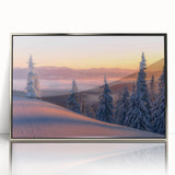 Mid-century modernist art depicting the serene Alaska scenery in cool blue and silver tones, framed in acrylic.