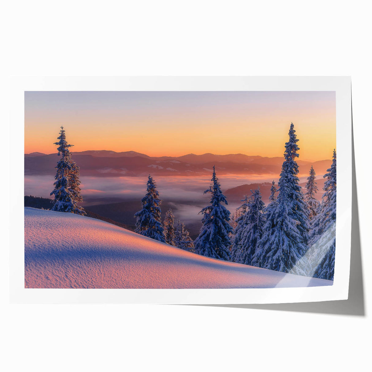 Rolled print of Alaskan scenery with floral elements in soft pink and green, suitable for art wall in dining room.