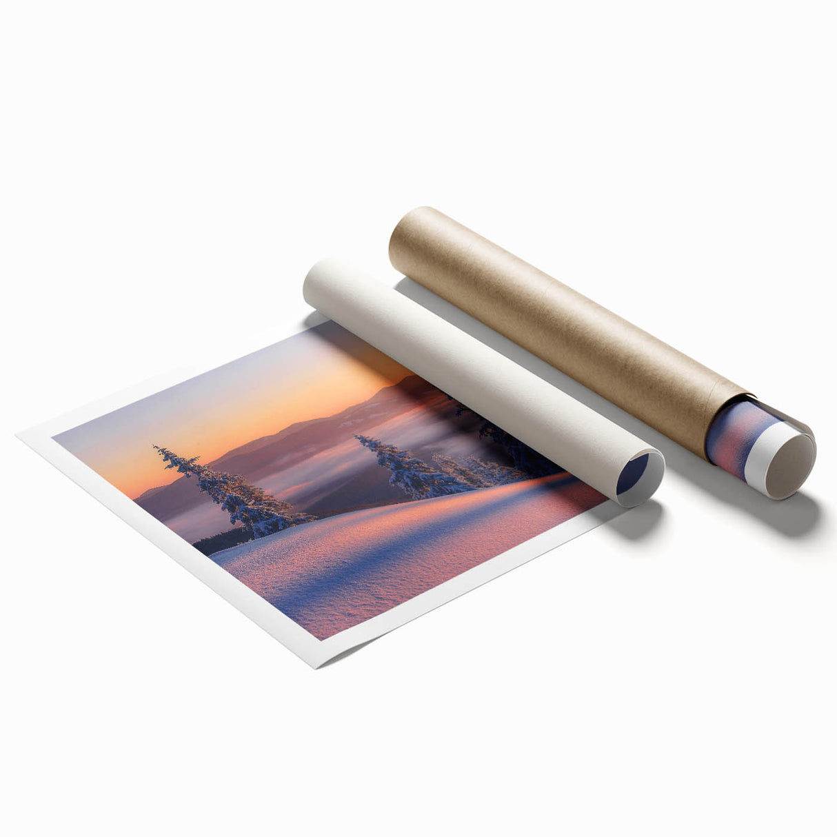 Alaskan landscape with floral accents in soft pastels on a large rolled canvas, suitable for bathroom or living room decor.
