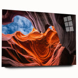 Large abstract depiction of Antelope Canyon in Arizona on acrylic glass, featuring earthy red and orange tones.