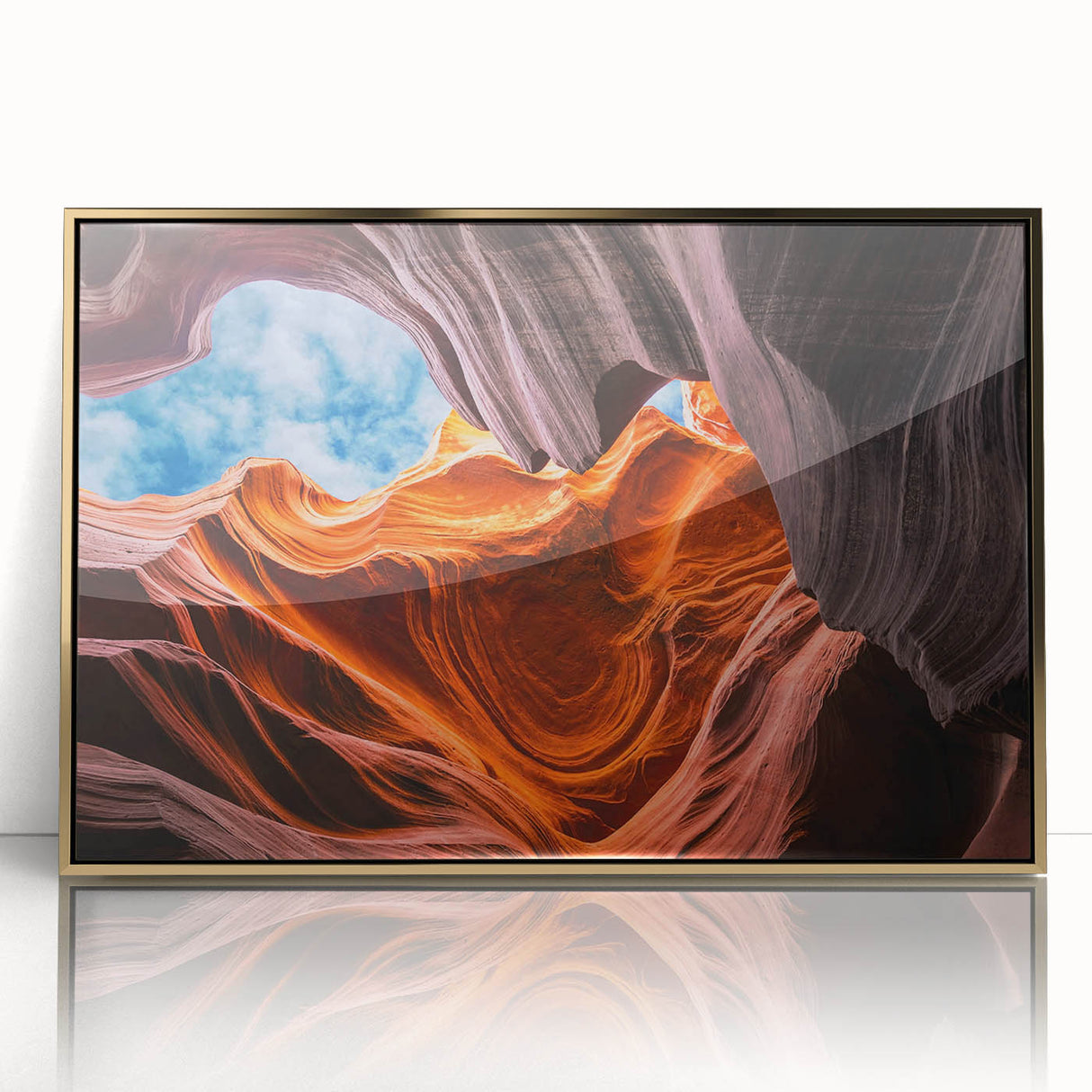 Mid-century modernist acrylic print of Arizona's Antelope Canyon in gold frame, using earth tones.
