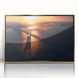 Mid-century modernist acrylic print of Arkansas scenery in gold frame, suited for nursery wall art.