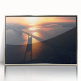 Mid-century modernist art depicting Arkansas scenery in muted earth tones on a silver-framed acrylic print.