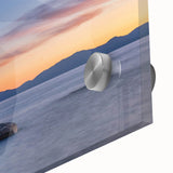 Mid-century modernist style large abstract art print of Lake Tahoe on acrylic glass, featuring cool blue and green tones.