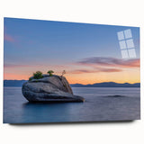 Large abstract wall art of Lake Tahoe in muted blue tones on acrylic glass, ideal for bedroom or dining room decor.