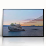 Large abstract wall art depicting Lake Tahoe, in muted blue and green on a black framed acrylic.