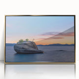 Large art print of Lake Tahoe with muted blue and green tones on a framed acrylic, in a mid-century modernist style.