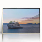 Mid-century modernist art of Lake Tahoe in muted blue tones on a framed acrylic, ideal for modern art wall decor.