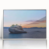 Art deco style poster of Lake Tahoe in cool blue and white tones, acrylic print in a white frame.